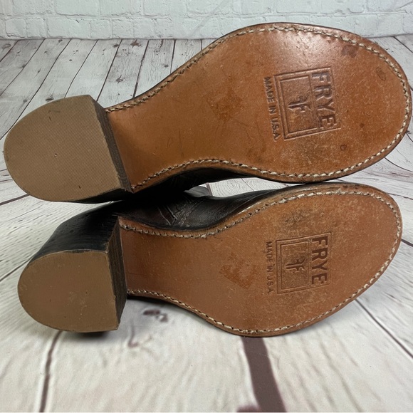 FRYE Sabrina brown leather block heel round toe campus mid boots, size 6.5 - Picture 12 of 15